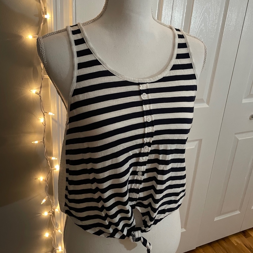 Striped Blue/White Knotted Front Cropped Tank
